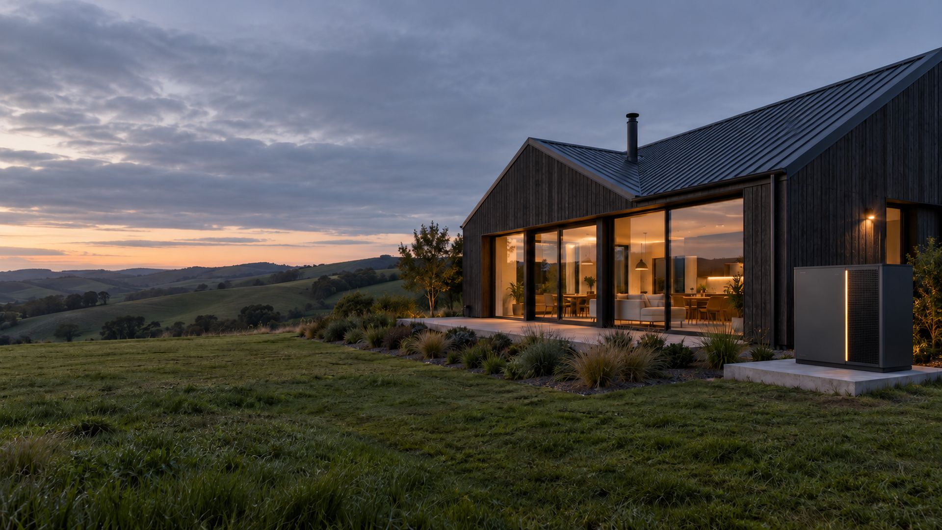 A dark timber rural home at dusk with an H2OME energy unit beside it