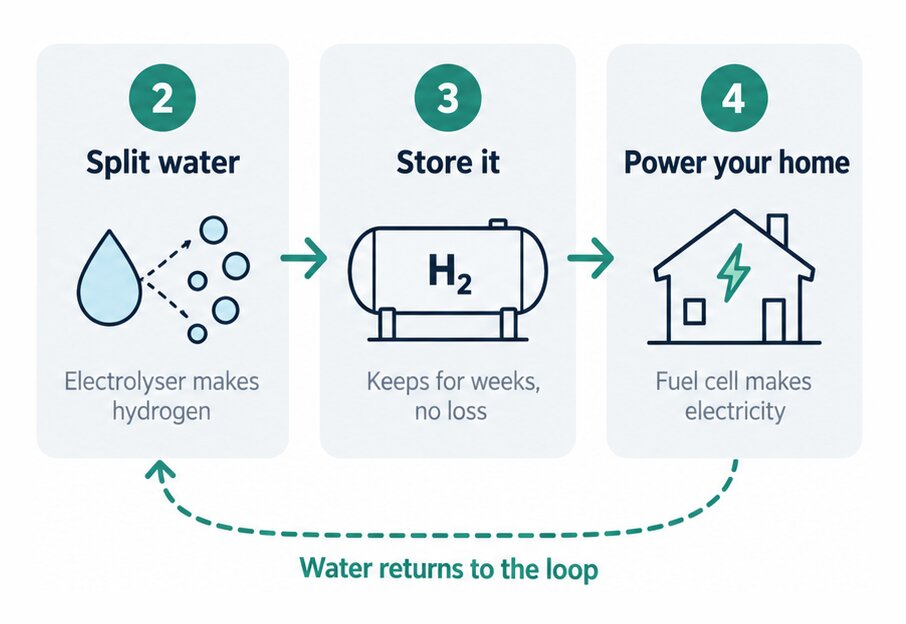 The H2OME loop: an electrolyser splits water into hydrogen, the hydrogen is stored in a tank for weeks, a fuel cell turns it into electricity for your home, and the water returns to the loop.